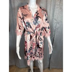 LE ROSE Women's Pink Floral Satin Lace Trim Kimono Robe Short Sleeve Sleepwear